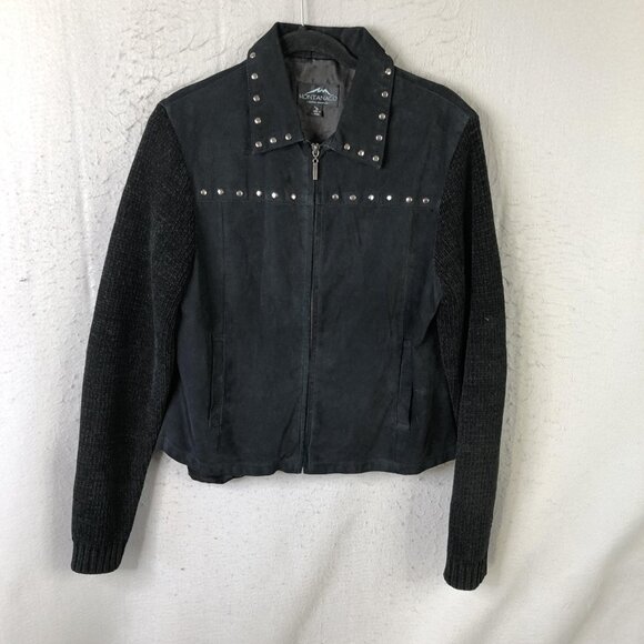 Montanaco Jacket Womens M Black Leather Knit Sleeves Studded Southwestern Boho - Picture 2 of 16